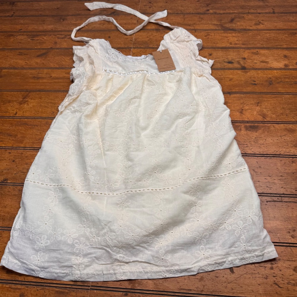 SooLinen Natural Linen Embroidered Eyelet Lace Halter Mini Dress Cream Boho